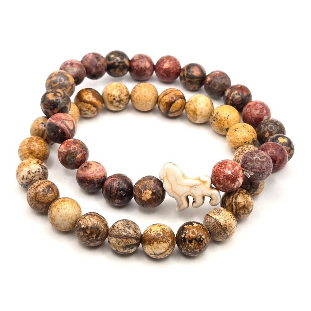 Natural Picture Jasper and Leopard Skin Jasper Beaded Bracelet Set w/ Lion Charm